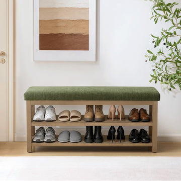 Shoe Rack Bench with Cushion, 2 Tier Solid Wood Storage Bench, Mid-Century Modern Shoe Bench, Closet, Front Door