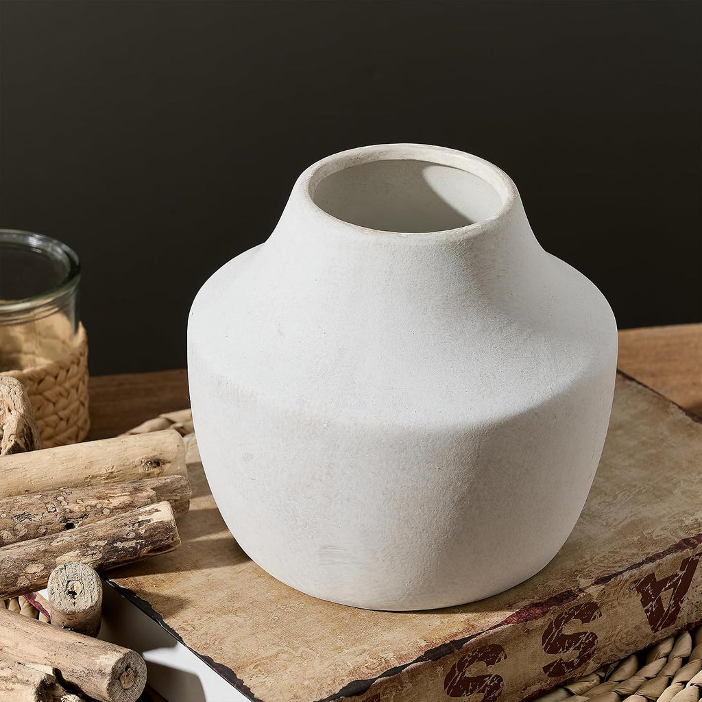 Ceramic Flower Vase, 5.3 inch Off-White Farmhouse Rustic Vase, Handcrafted Weathered Pottery Vases, Small Flower