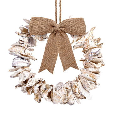 12" Natural Oyster Shell Wreath with Burlap Bow, Handmade Coastal Farmhouse Nautical Decor, Rustic Shell Wreath Ready