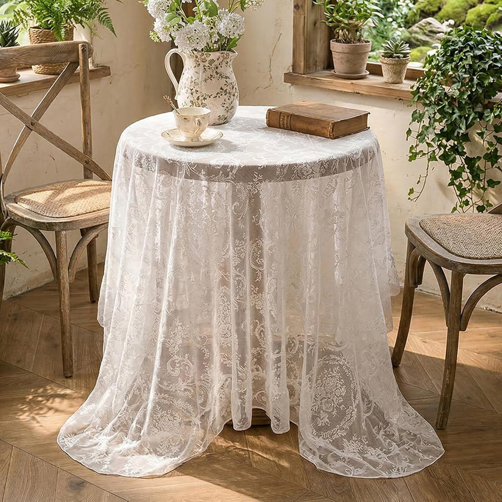 White French Lace Ruffle Tablecloth 60 x 102 Inch with Ruffled Edge, Fits Round and Rectangular Tabl