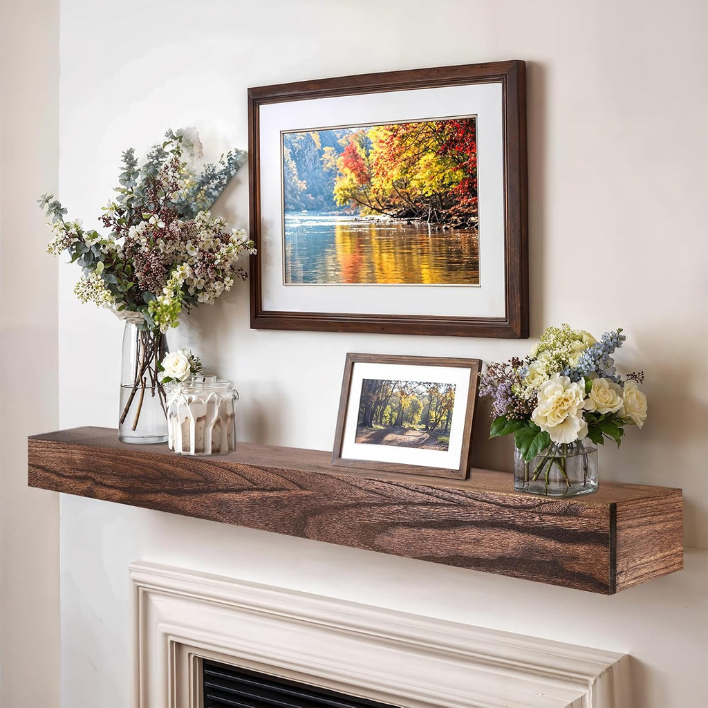 Shelf, 60×8×5 Inch Wooden Floating Shelf for Over Fireplace, Handcrafted Wood Mantels, Wall-Mounted Mantel Shelves