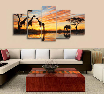 5 Panel Canvas Wall Art Safari Sunset Giraffe Landscape Artwork Five Piece Canvas Prints Wildlife Savanna Decor