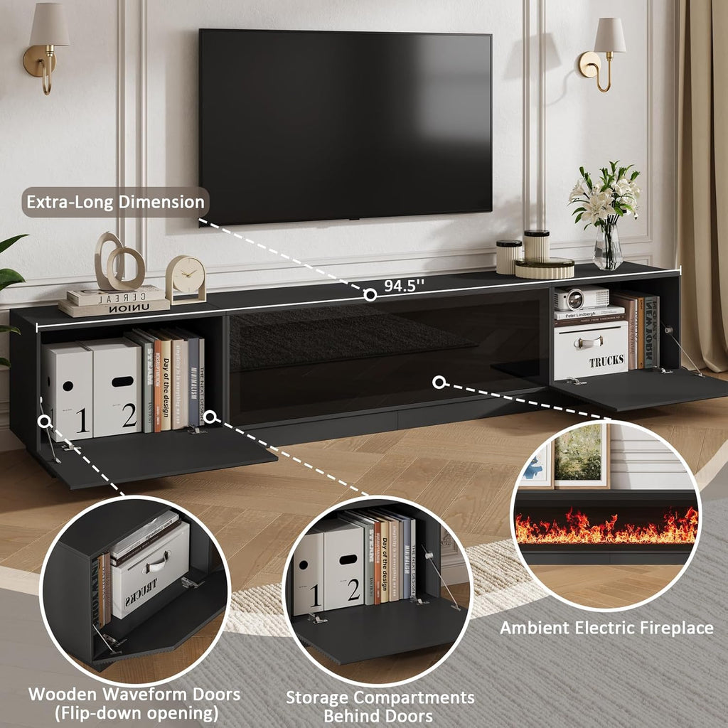 94.5" Black Fireplace Tv Stand with 47 inch Electronic Fireplace, Unheated Entertainment Center with 5 Flame