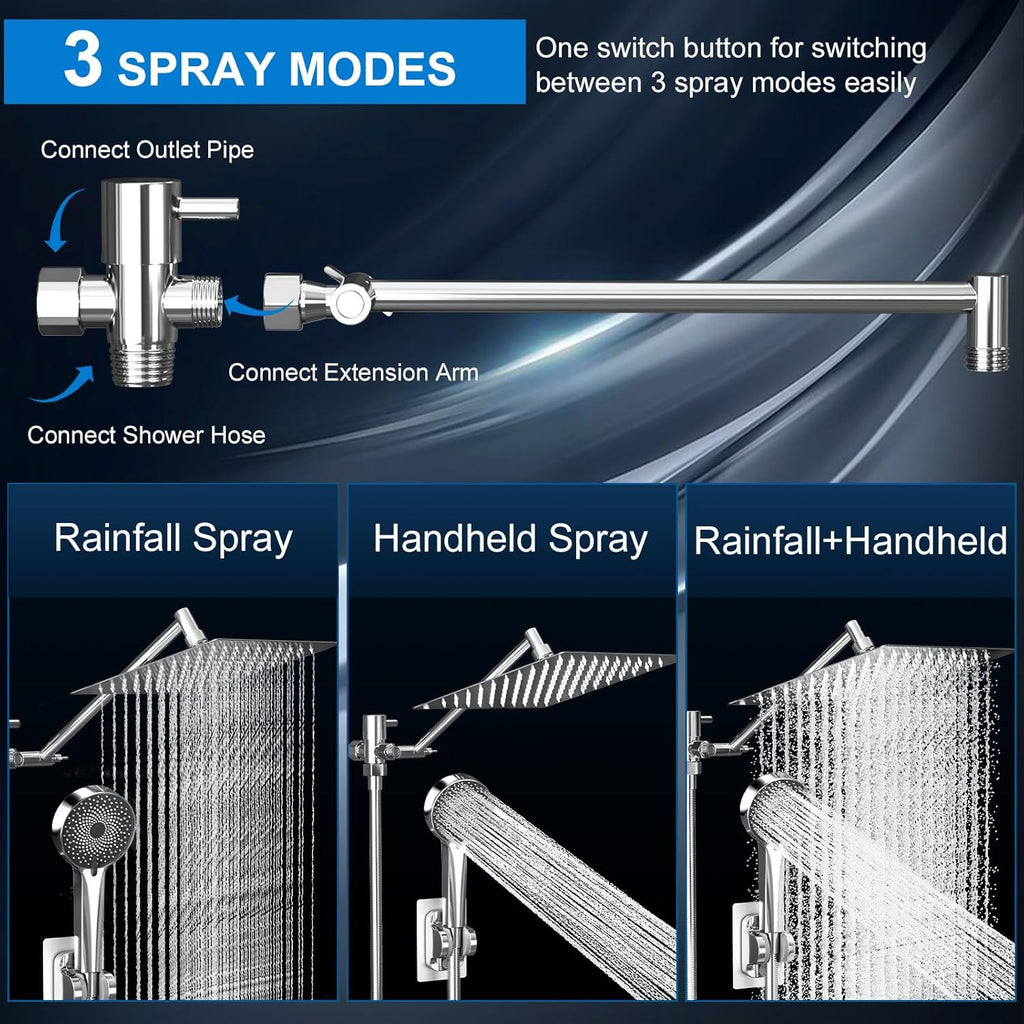 Shower Head, Rain Shower Head with Handheld Spray Combo, 10 Inch Adjustable High Pressure Rainfall Shower Head