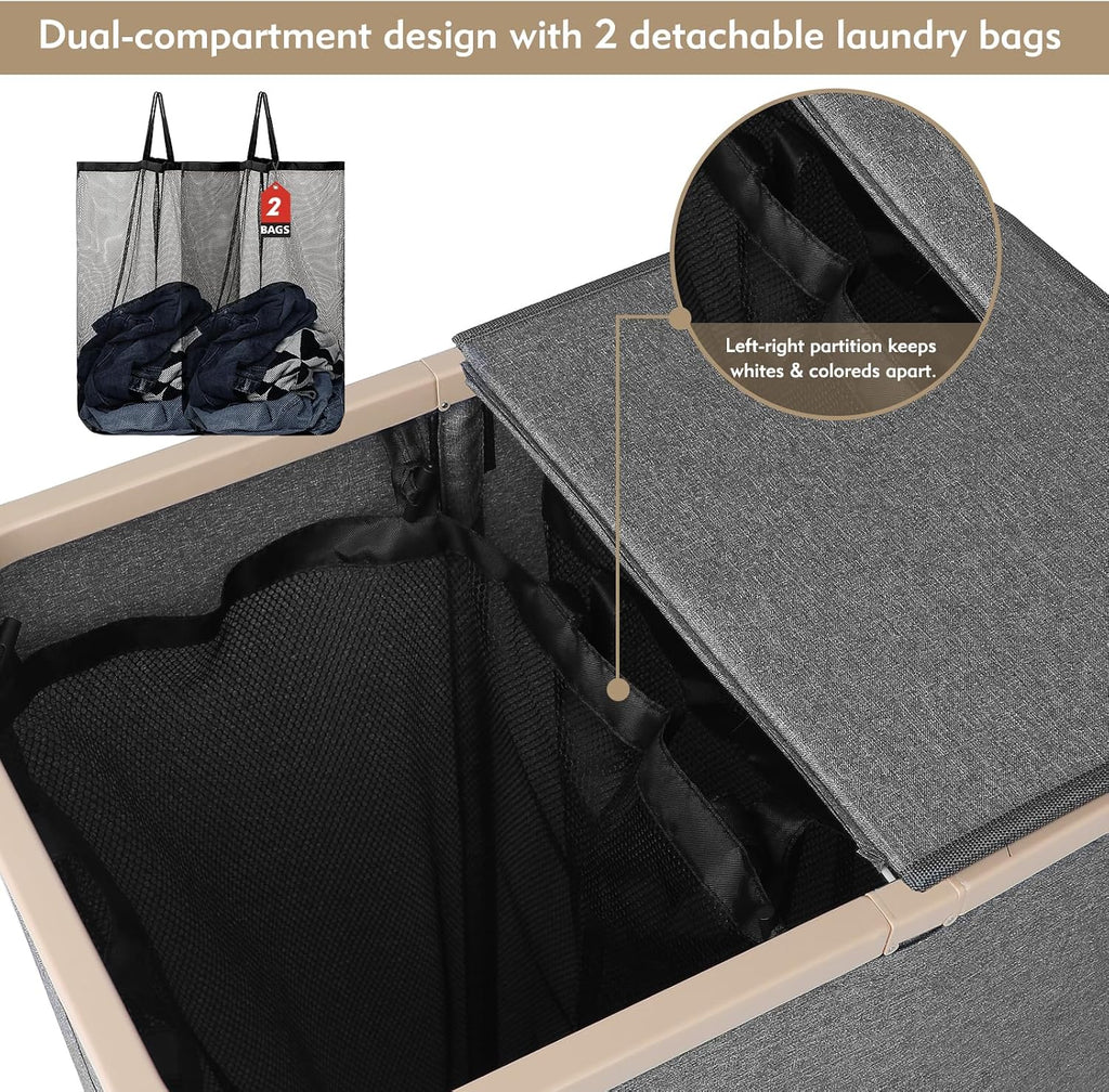 160L Double Laundry Basket Hamper with Lid & Removable Bags, Grey | Extra large 2-section collapsible clothes hamper