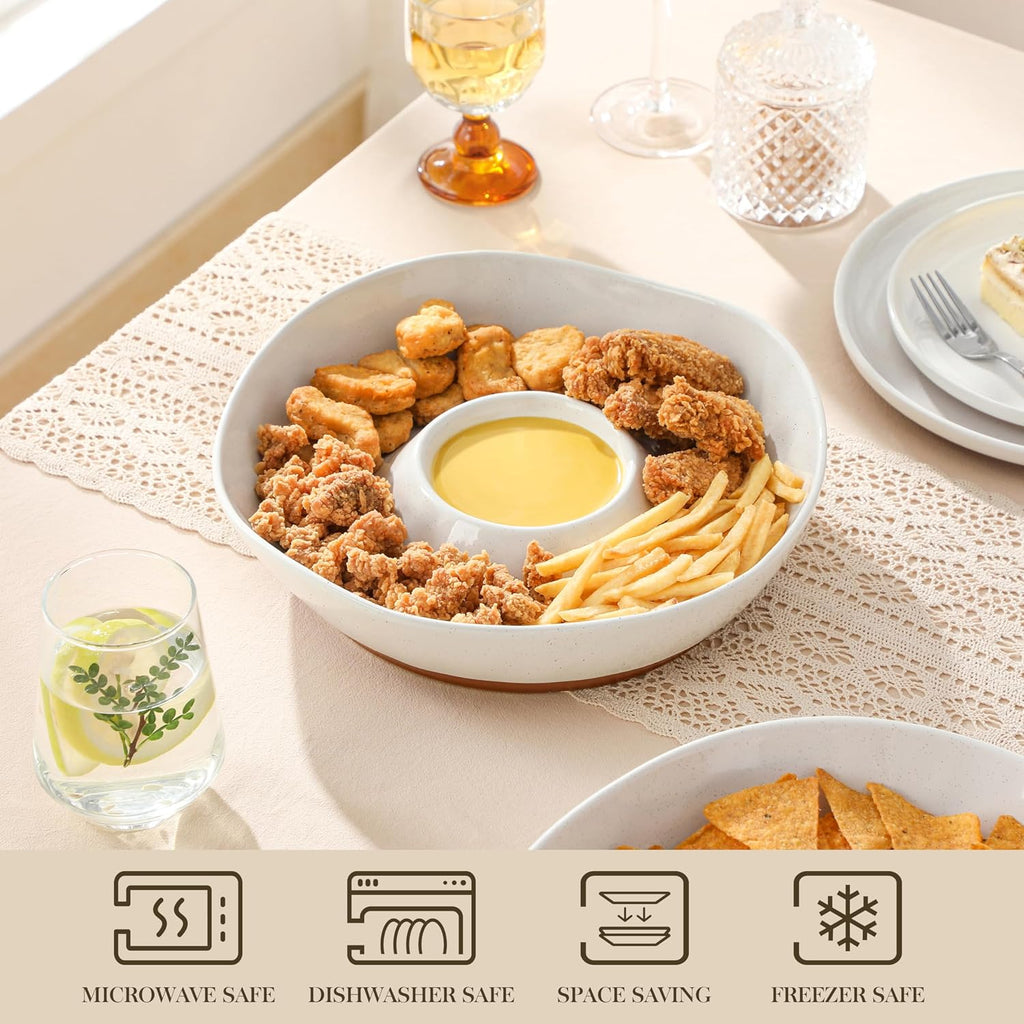 Ceramic Chips and Dip Serving Tray, 12 Inch Dip Serving Tray | Free-Form Divided Ceramic Chips and Dip Bowls for