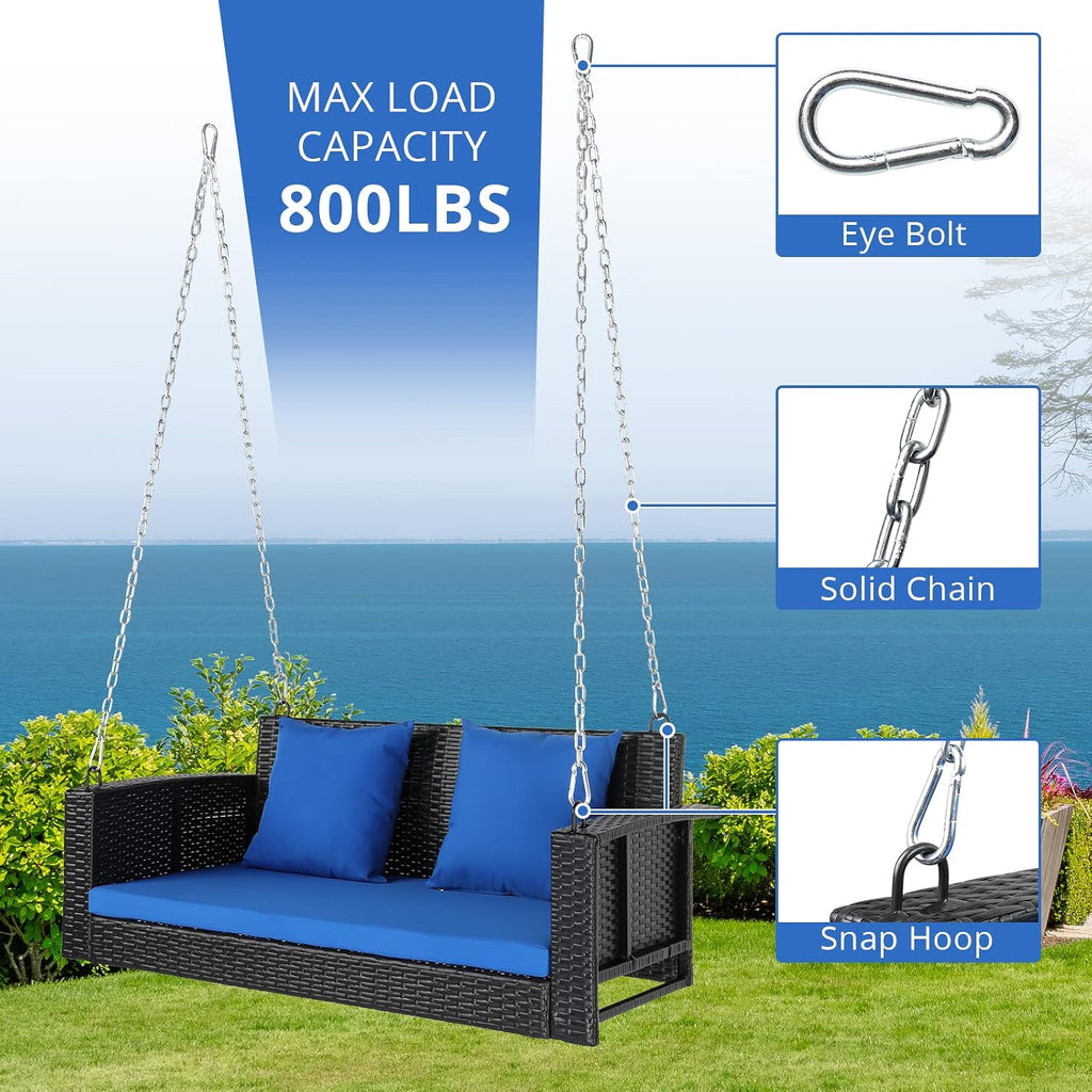 4FT Wicker Porch Swing for 2 Person, 800lb Capacity Outdoor Hanging Bench with Removable Cushions, Handwoven