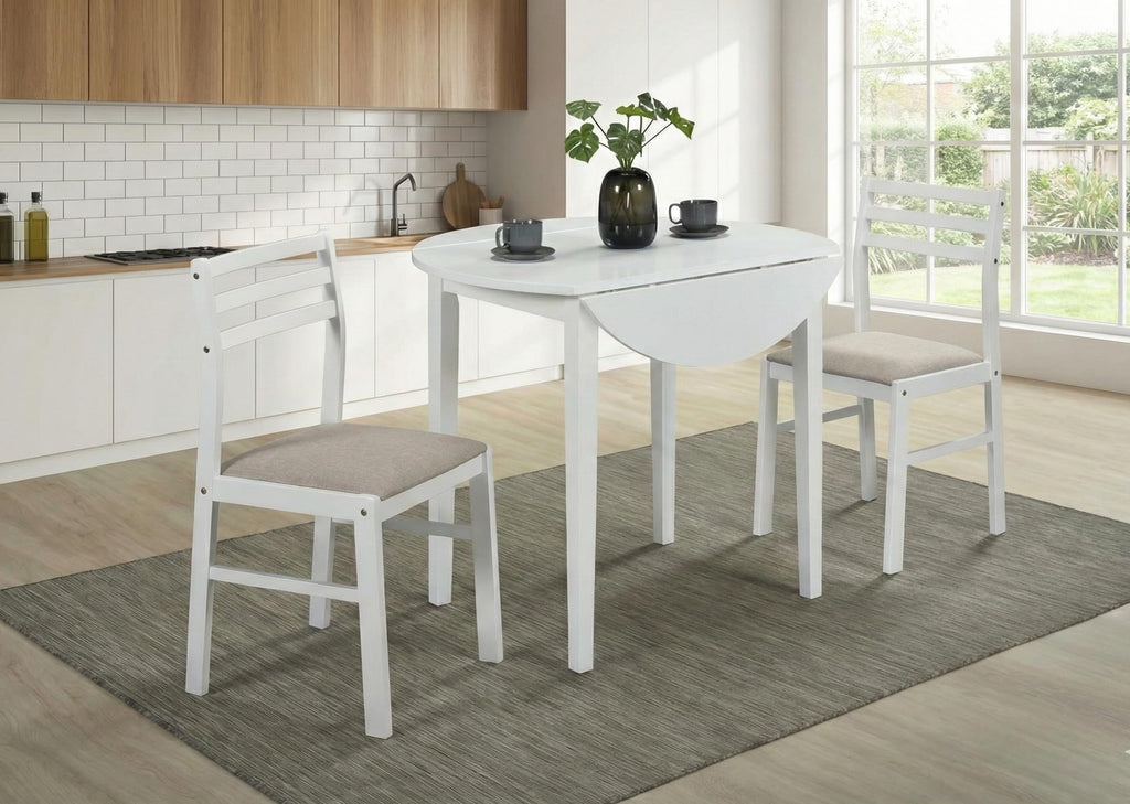 3 Piece Drop Leaf Dining Set, Round White Table with 2 Ladder Back Chairs, Beige Cushioned Seats, Rubberwood