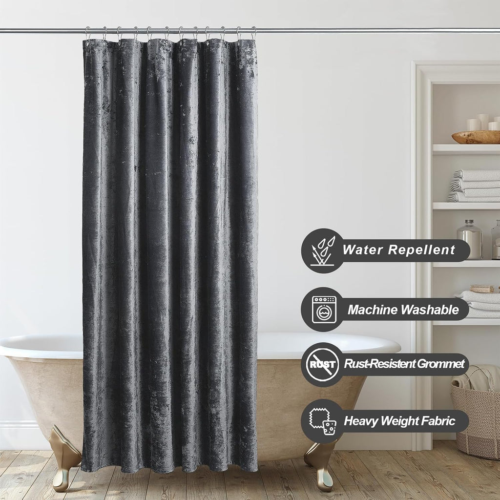 Crushed Velvet Shower Curtain, Grey, 72" x 72" | Coordinating Nickle Grommets and Hooks, Machine Washable, Water