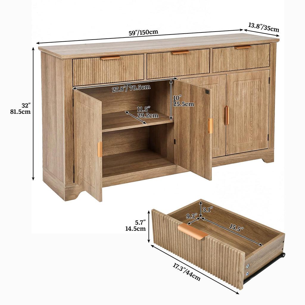 59" Fluted Buffet Cabinet with Storage Natural Oak