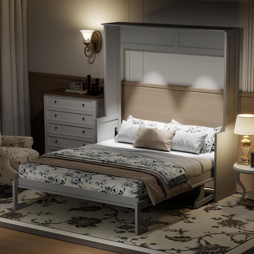 Queen Murphy Bed with Desk, LED Lights and USB Charging Ports, Wall-Mounted Space-Saving Bed, Solid MDF + Plywood