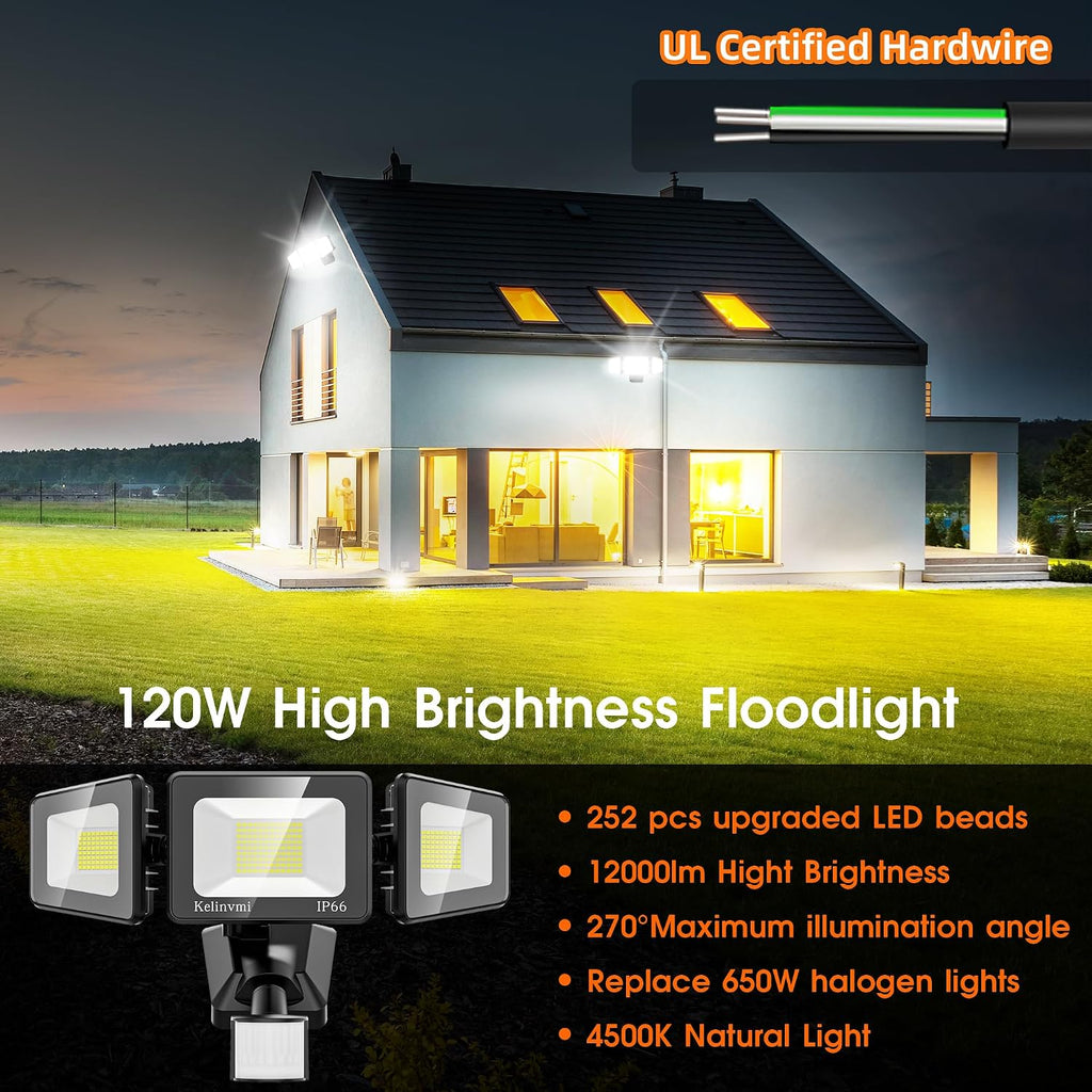 120W LED Flood Lights Outdoor with Motion Sensor, 12000LM 4500K Daylight, IP66 Waterproof Dusk to Dawn Outdoor