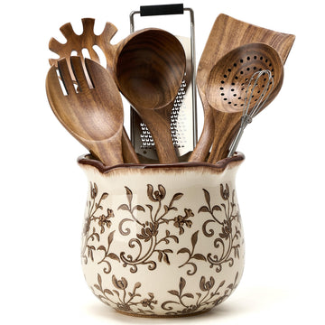 5.75" H Brown Wide Cooking Utensil Holder Counter, Modern Farmhouse Rustic Utensil Holder and Crock Home Kitchen