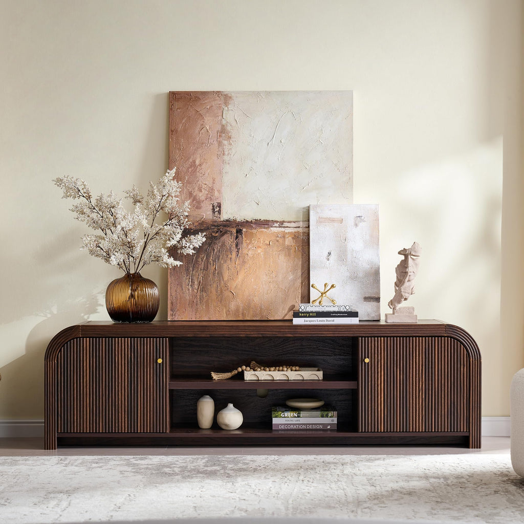 70" Modern Fluted TV Stand with Storage, Dark Walnut