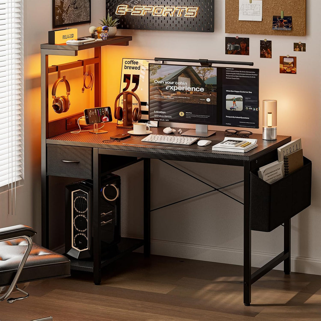 Gaming Desk 40 Inch with Power Outlet and LED Light, Computer Desk with Reversible Shelves and Storage Drawer, Pc