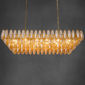 54" Gold Rectangular Chandeliers for Dining Room, 12-Light 4 Tiered Large Smoke Glass Brass Chandelier, Modern Kitchen Island Farmhouse Hanging Light Fixture for Living Room Foyer