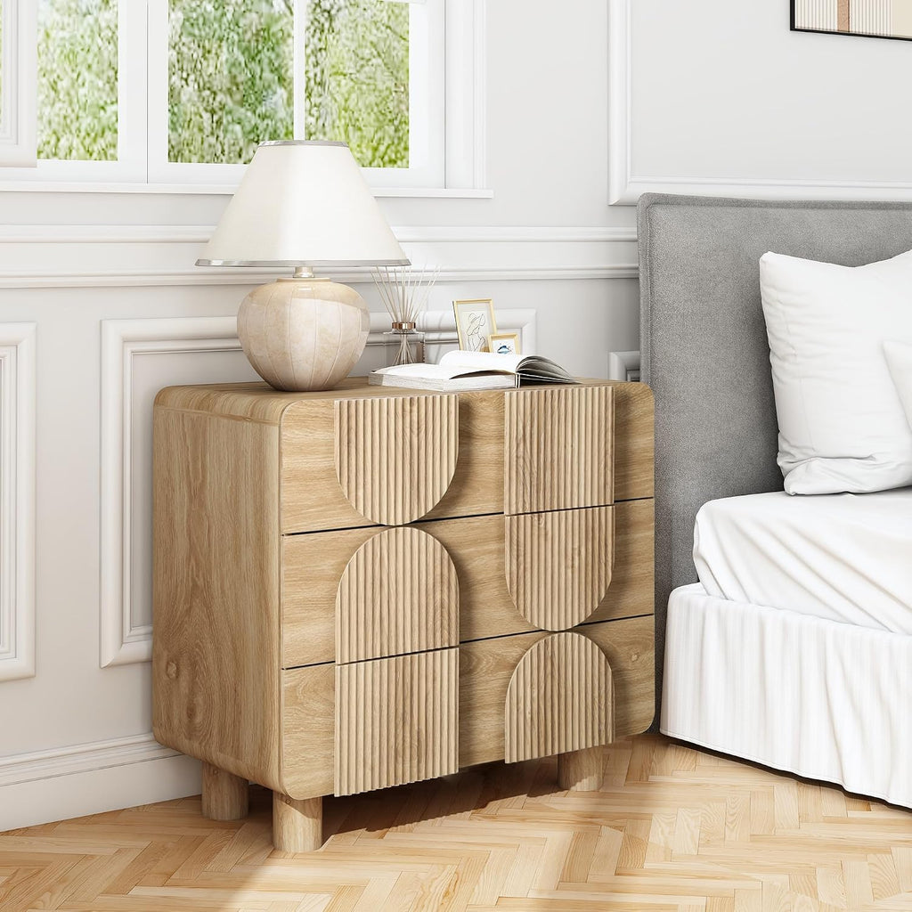 3 Drawer Dressers , 31.5" Wide Large Mid Century Modern Fluted Nightstand, Wood Dresser & Chest of Drawers with