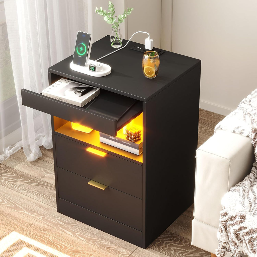 Night Stand, Black Nightstand, LED Nightstand with Charging Station, Modern Night Stand, Bedside Table, Wood Sofa