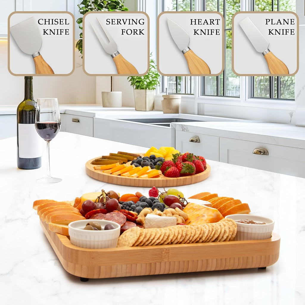 Premium Bamboo Charcuterie Board - Extra Thick Bamboo Board with 4 Piece Knife Set - Perfect for Charcuterie, Wine