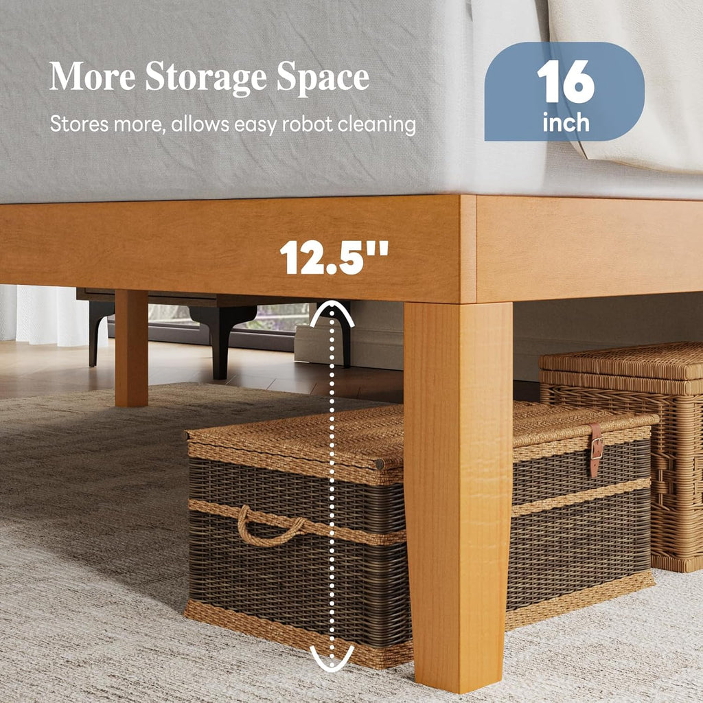 Queen Solid Bed Frame Wood 16 Inches, Sturdy Platform Bed with Heavy Duty Wooden Slat Support, No Box Spring Needed