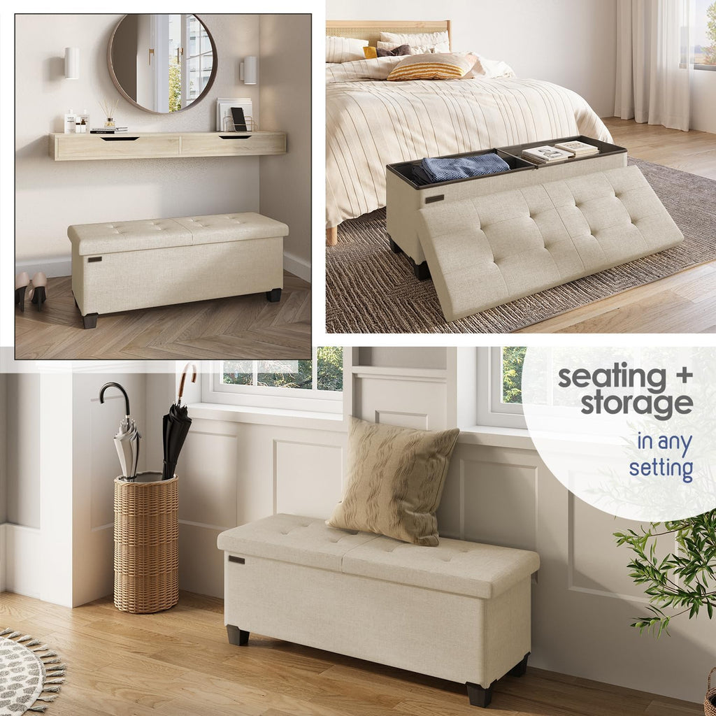 Storage Ottoman Bench with Bins, 43-in Storage Bench End of Bed, Folding Foot Rest Ottoman Max 660lbs, Fabric