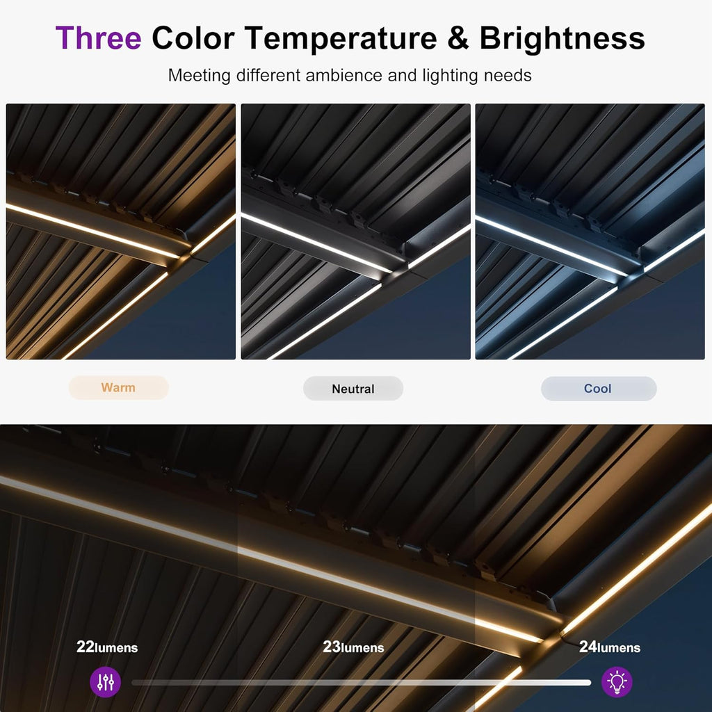 Solar Louvered Pergola 92KS 10' x 12' with LED String Lights and Control Panel Aluminum Outdoor Pergola with