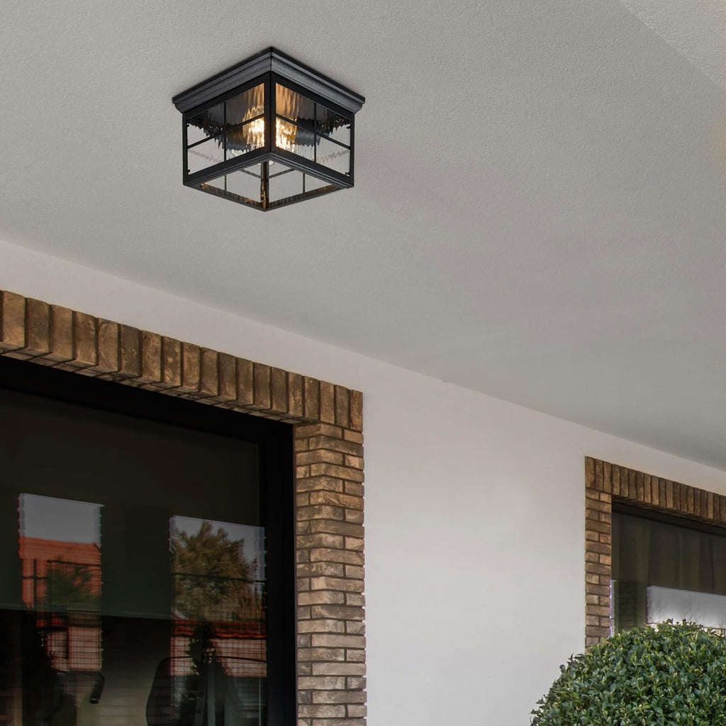 Outdoor Flush Mount Ceiling Light Fixture, Black with Water Glass | Square Farmhouse Porch or Patio Light