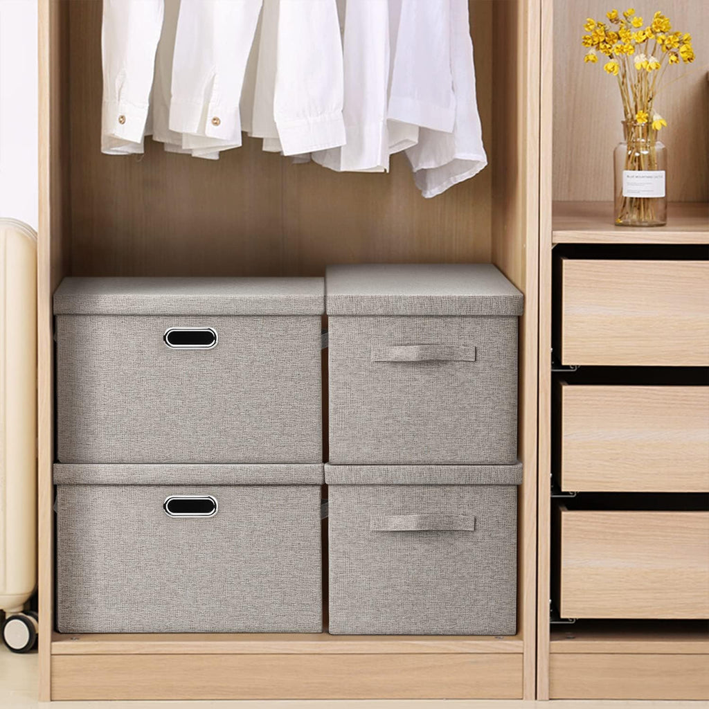 Large Quart Collapsible Stackable Storage Bins with Lids, 3 Packs Beige Linen Fabric Closet Boxes with Lids, Storage