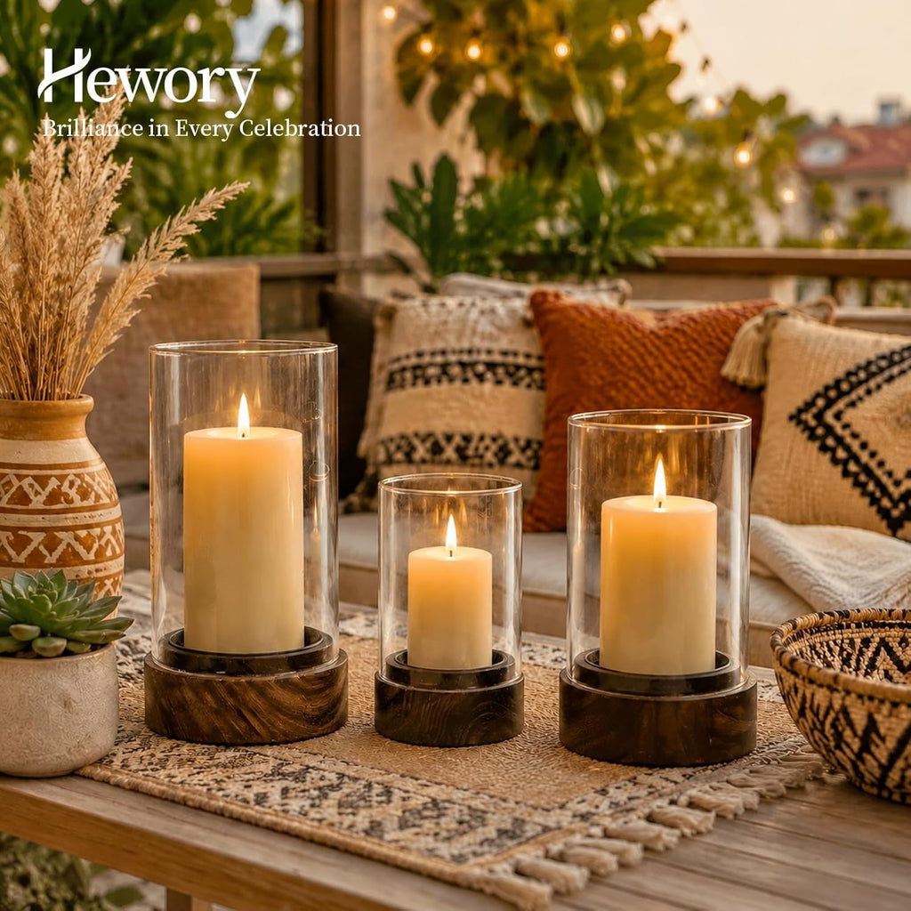 Hurricane Glass Candle Holder : Set of 3 Rustic Brown Candle Holders for Pillar Candles, Vintage Decorative Wood