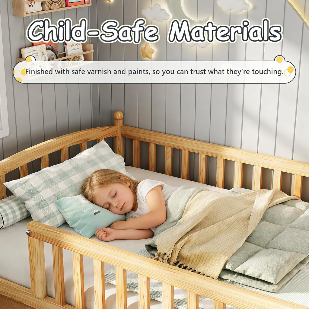 Twin Size Montessori Floor Bed with Door and Safety Guardrail, Solid Wood Low Profile Bed Frame with Slats, Easy