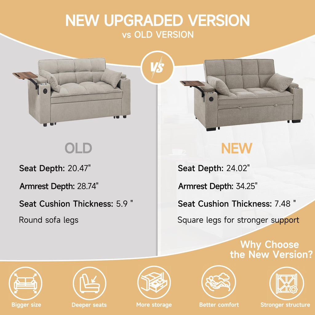 65'' Chaise Lounge Chair Indoor, 3-in-1 Convertible Sofa Bed with Pull-Out Design, 360° Swivel Side Table, Modern