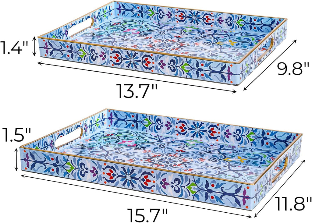 Set of 2 Boho Floral Serving Tray with Handles, 15.7" x 11.8" Decorative Plastic Ottoman Tray, Modern Large Coffee