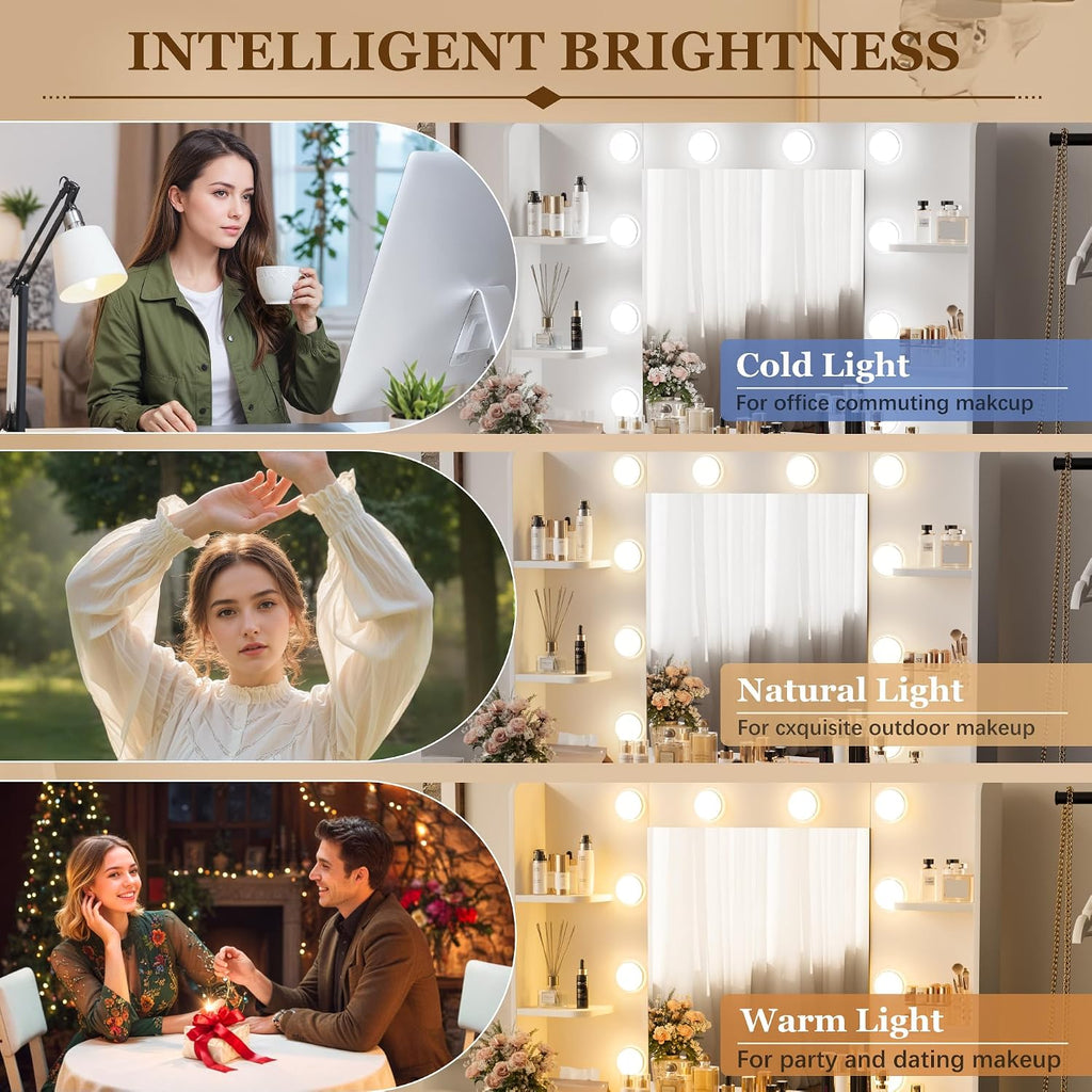 Make up Vanity Desk with Mirror and Power Outlet, Vanity with 3 Color Light Options Adjustable Brightness, Vanity