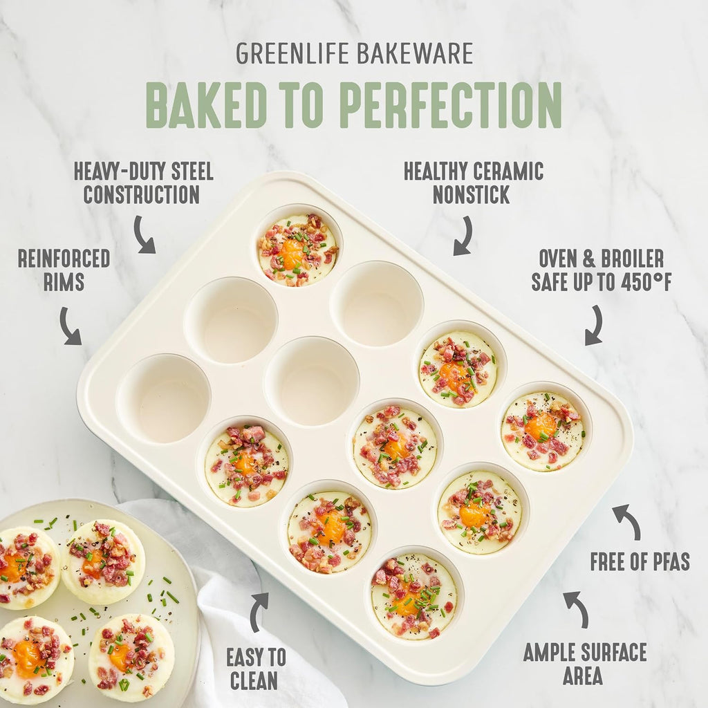 6 Piece Ceramic Nonstick Oven Bakeware Set, Sage | PFAS-Free Ceramic Nonstick, Set, Cookie Sheet, Loaf, Cake & Muffin