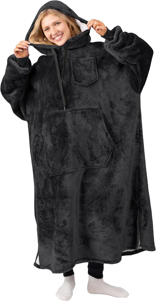 Blanket Hoodie for Women Black, Sherpa Wearable Blanket Men, Cozy Oversized Sweatshirt Blanket, Warm Fleece Hooded