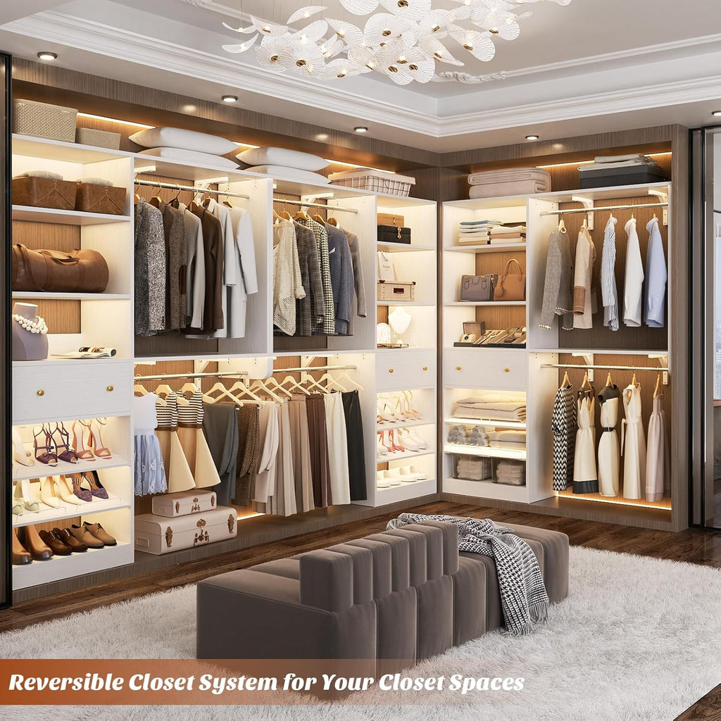 [10 FT Closet System] 120 Inch Reversible Set of 2 Wood Closet Organizer System with 2 Drawers, 4 Hanging Rods