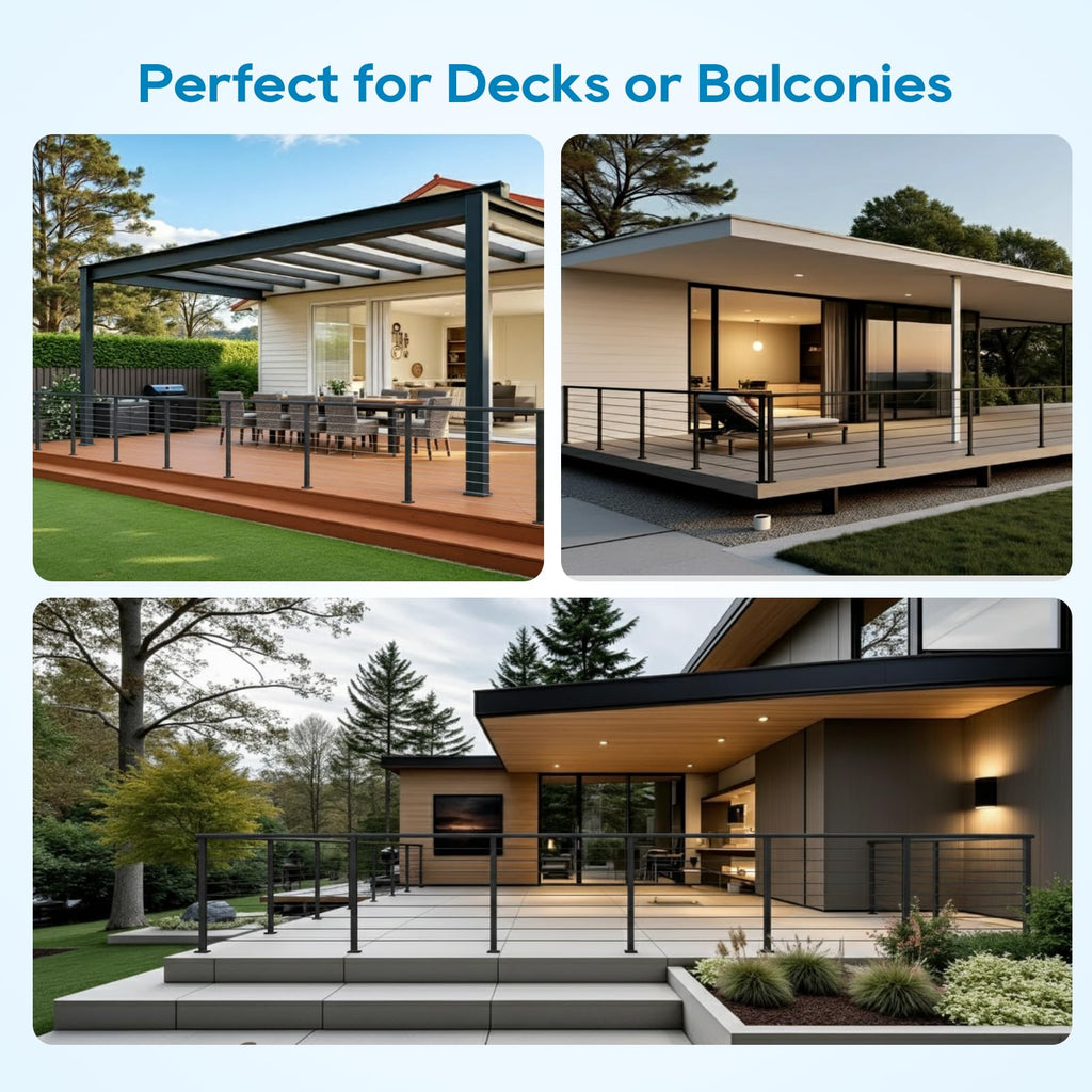 Level Drilled Cable Railing Post 36" (35"X2"x2"), Flat Bracket Stainless Steel Deck Railing Post, Black Level Holes