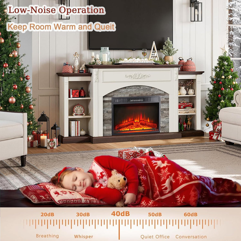 72" Electric Fireplace with Mantel, White TV Stand for TVs Up to 80 Inch, Farmhouse Entertainment Center with Storage