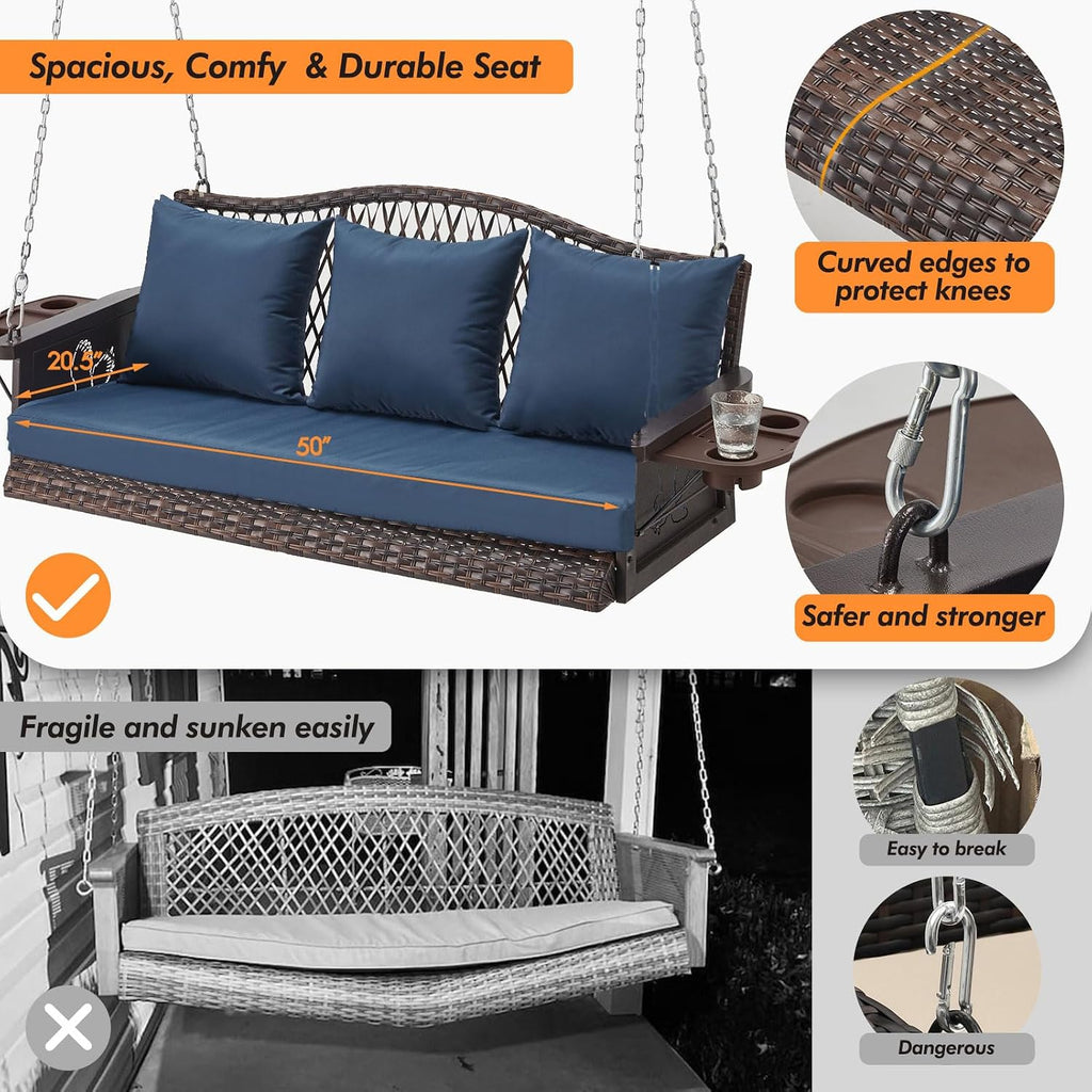 Upgraded Wicker Hanging Porch Swing Heavy Duty 900 LBS 3-Seat Outdoor Patio Swing Chair Bench for Adult w/ 8.9ft