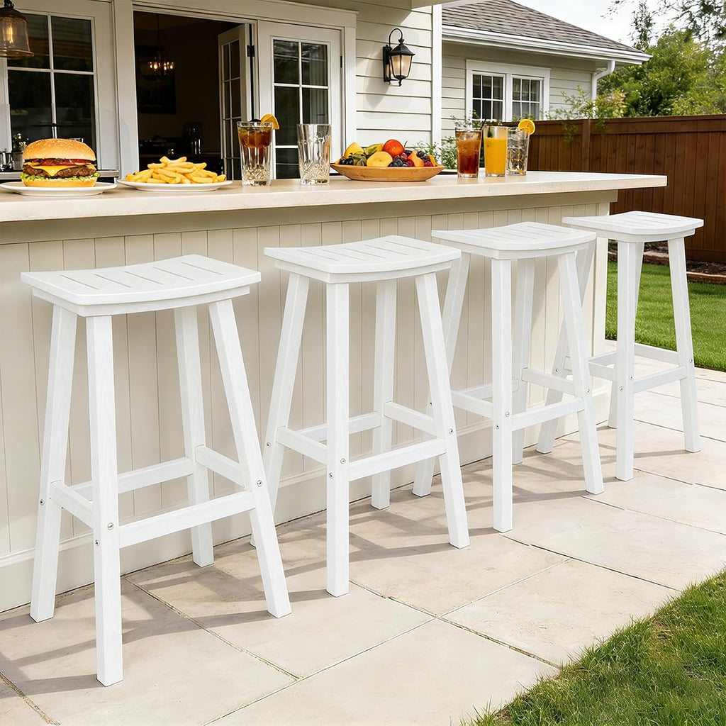 Outdoor Bar Stools Set of 4, 29 Inch All-Weather HDPE Bar Height Chairs, 500lbs Heavy Duty Patio Stools with Saddle