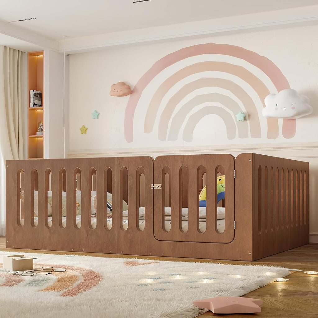 Full Size Wood Montessori Floor Bed Frame with High Fence, Natural | Modern Style Low-Profile Design Floor Bed with
