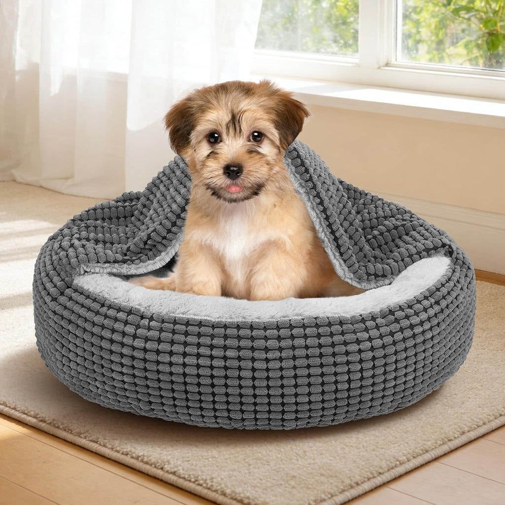 Small Dog Bed with Attached Blanket, Cozy Donut Cuddler Anti-Anxiety Hooded Pet Beds Calming Cave Bed. Orthopedic