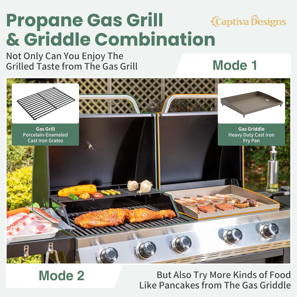 Propane Gas Griddle and Grill Combo, Dual BBQ with Porcelain-Enameled Cast Iron Grates and Cast Iron Pan, Flat Top Griddle, 696 Sq. In. Cooking Area for Patio and Backyard