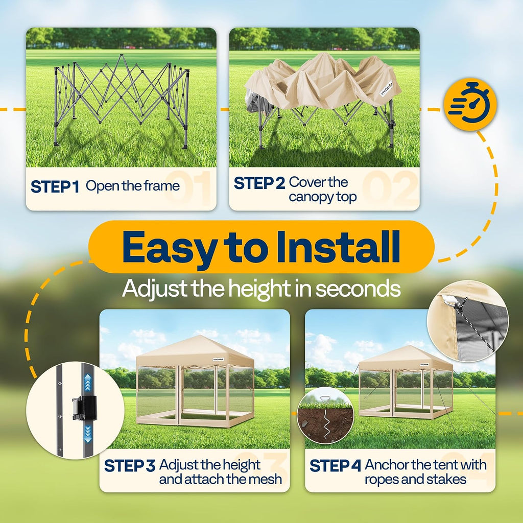 10x10ft Easy Pop-Up Canopy, Outdoor Screen Tent with Mosquito Netting, 2 Zipper Doors