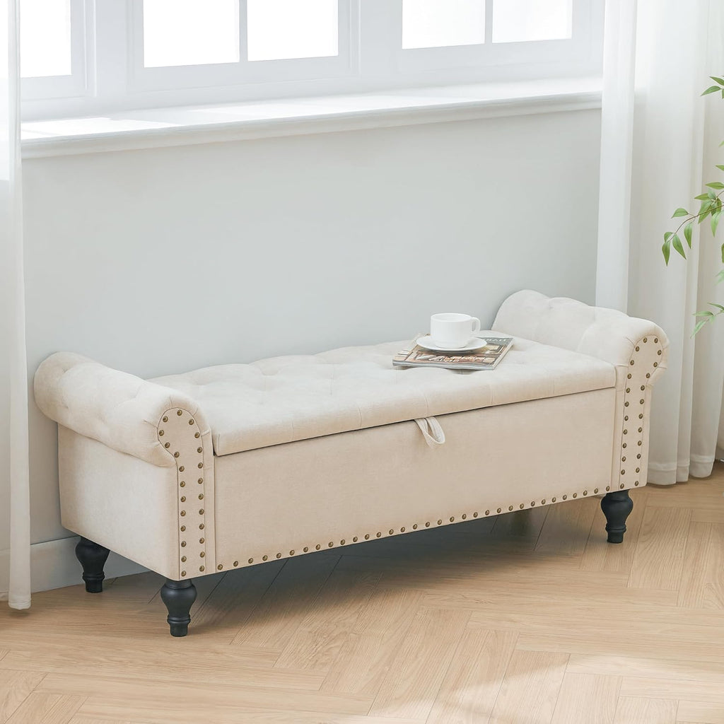 51" Storage Bench , Upholstered Ottoman Bench, Chenille Beige | End of Bed Bench , Window Benches , Ottoman with