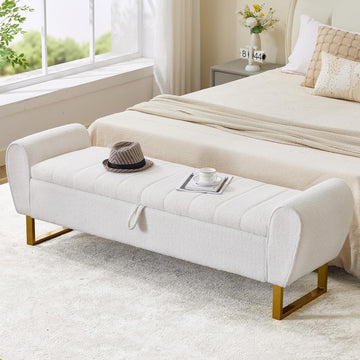 67'' King Size End of Bed Storage Bench ,Teddy Bedroom Benches for Foot of Bed King with Gold Legs, Storage Ottoman