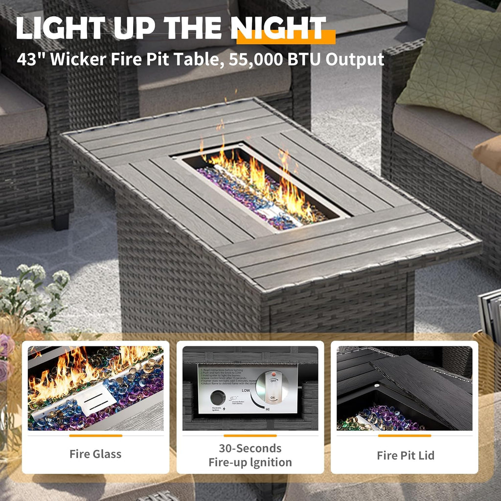 Patio Furniture Set with 44" Fire Pit Table, 6 Pieces Outdoor Sectional Conversation Sets