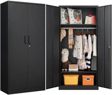 Metal Wardrobe Cabinet with Hanging Rod & Lock, Black Armoire Wardrobe Closet, Metal Clothing Storage Cabinet with