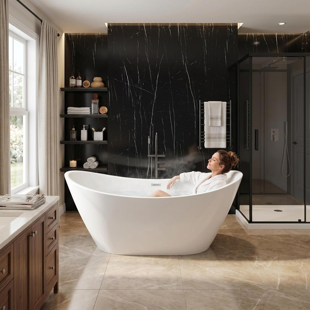67" Acrylic Freestanding Bathtub, Deep Soaking Tub with Non-Slip Surface, Modern Free Standing Bath Tub, Chrome Drain