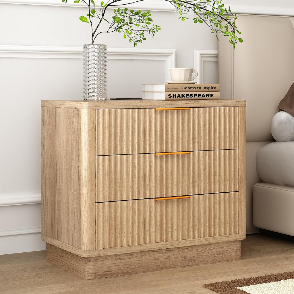 23.6 Inch Nightstand Set of 2 with Charging Station, Natural Oak Fluted Night Stand with 3 Drawer, Large Modern